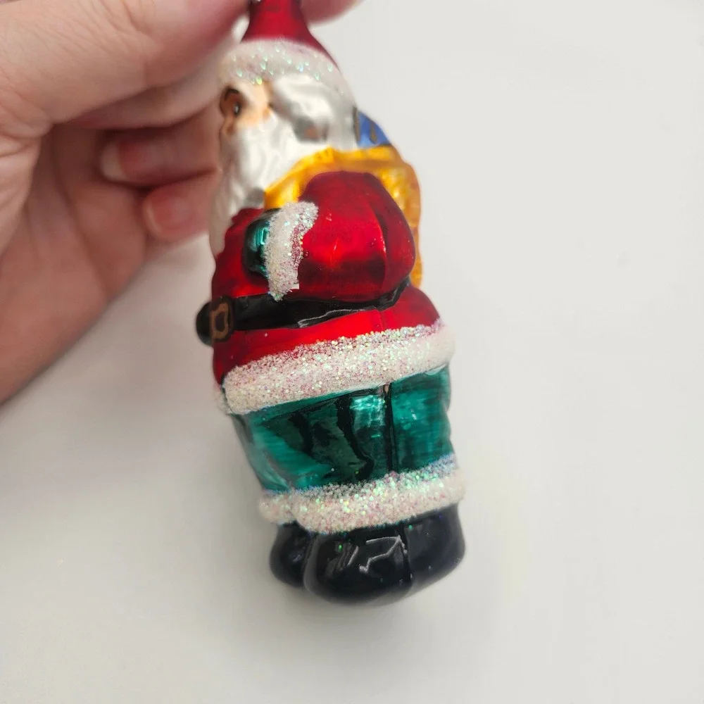 Czech Republic Blown Glass Santa Ornament with Glitter Trim Green Pants Gift Bag